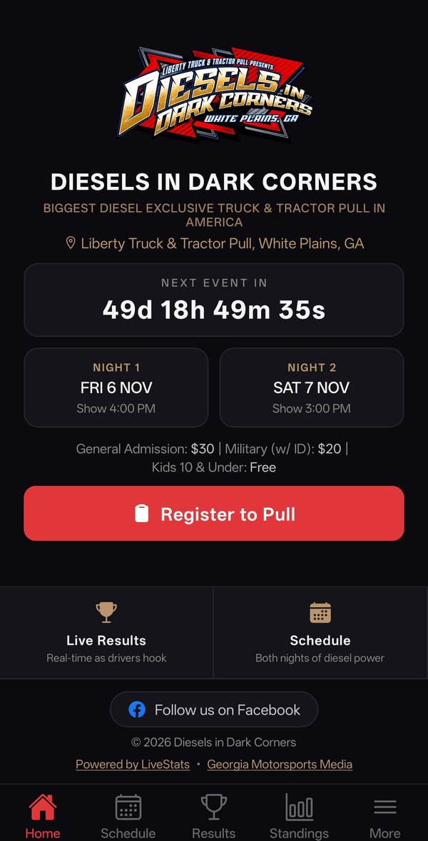 Diesels in Dark Corners app with a countdown, both nights, admission, and pull registration