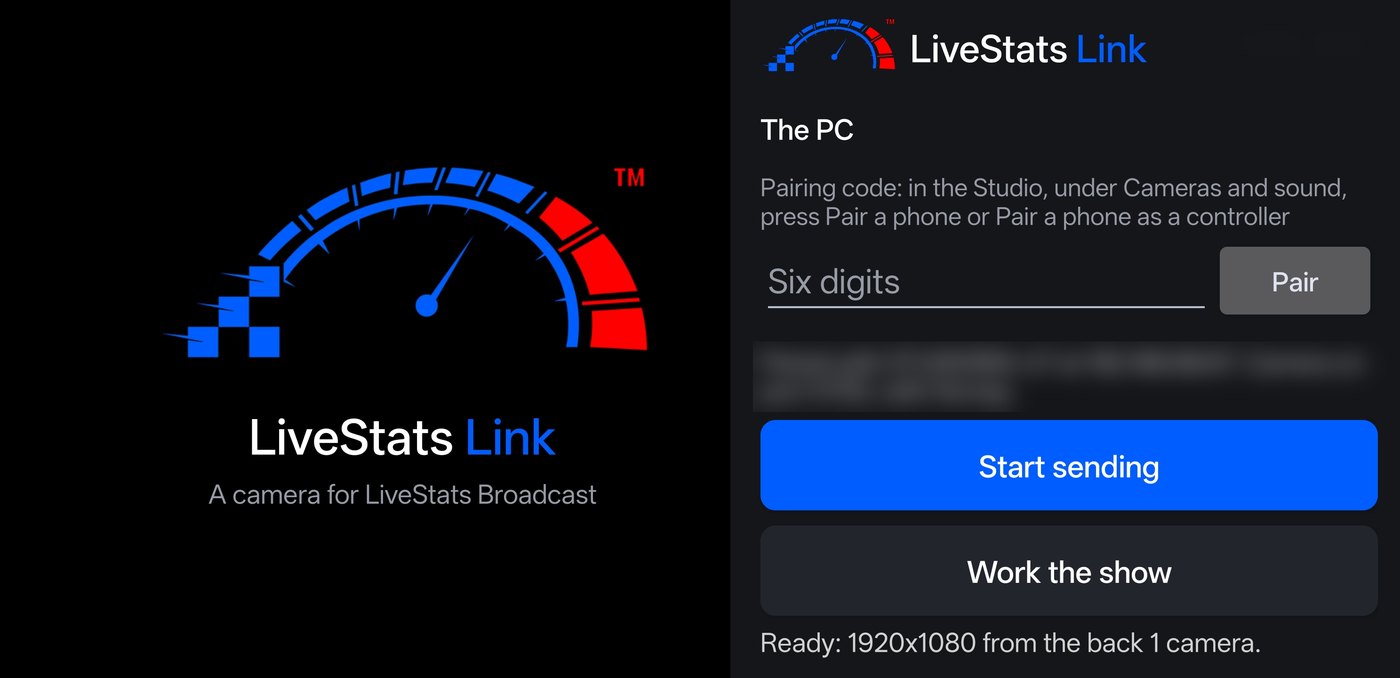LiveStats Link app, pairing a phone camera with the LiveStats Studio PC