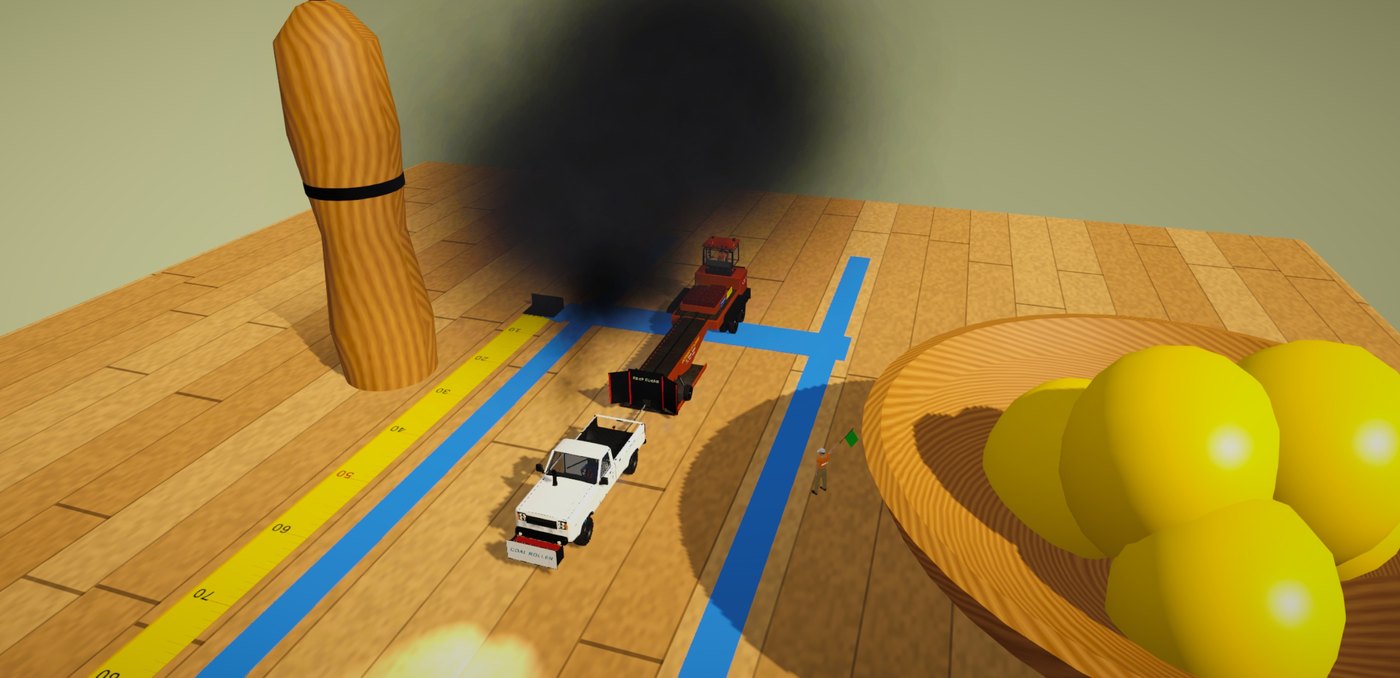 Pocket Pullers: a tiny Coal Roller rolling coal down a full-size kitchen island
