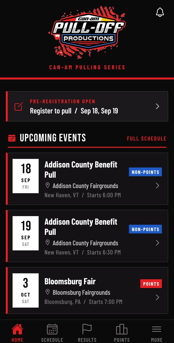 Pull-Off Productions app with pre-registration and upcoming Can-Am Pulling Series events