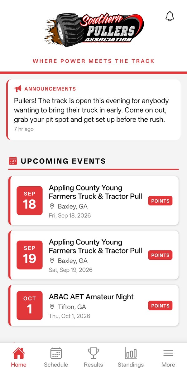 Southern Pullers Association app home screen with announcements and upcoming events