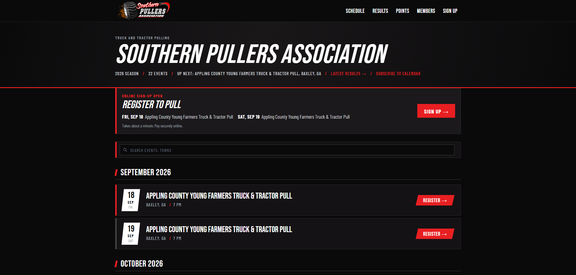 LiveStats results site for the Southern Pullers Association